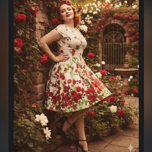 Unique Vintage Red Rose Floral Print Retro Pin Up Swing Dress Size M